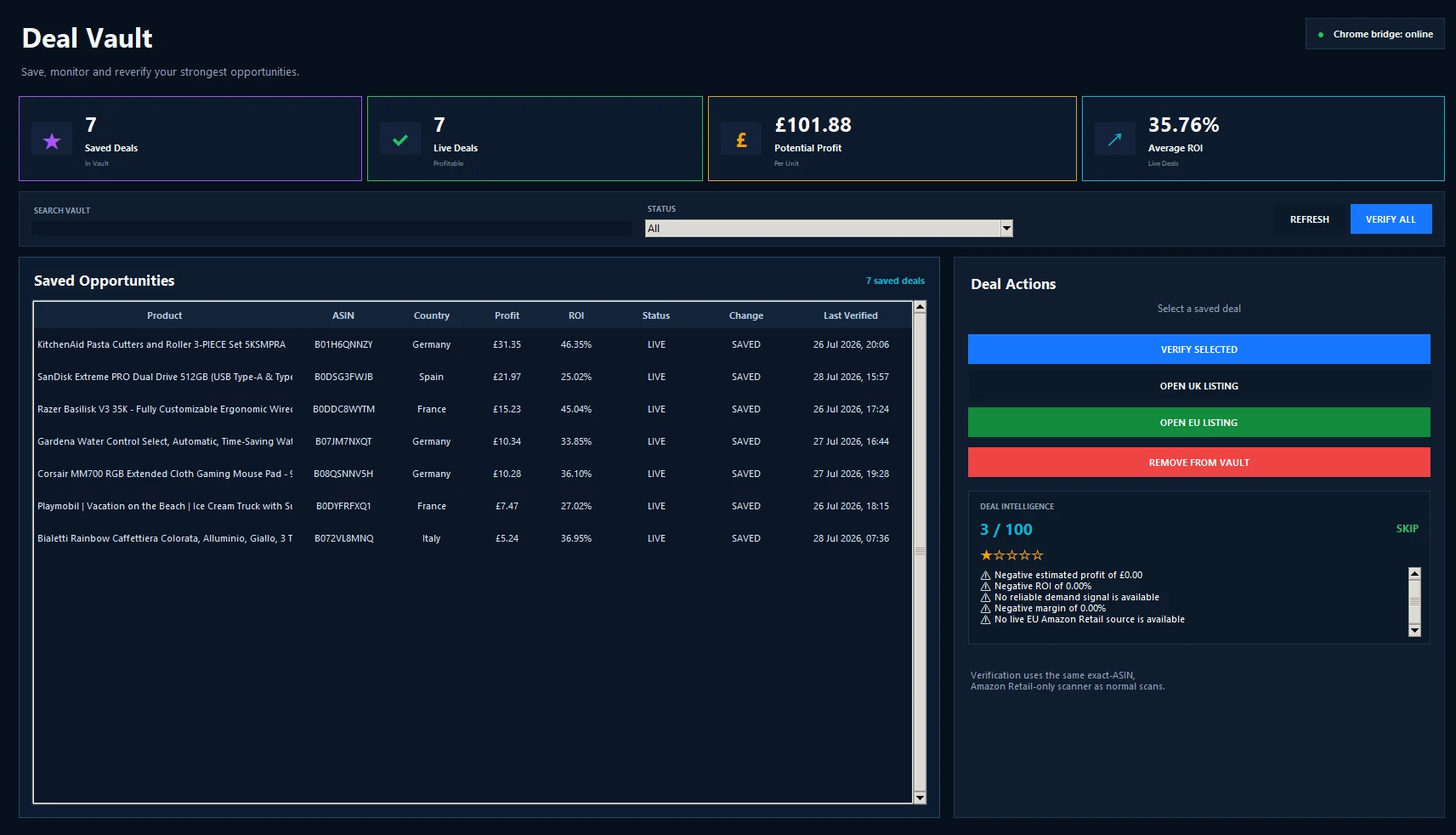 Deal Vault with saved Amazon sourcing opportunities